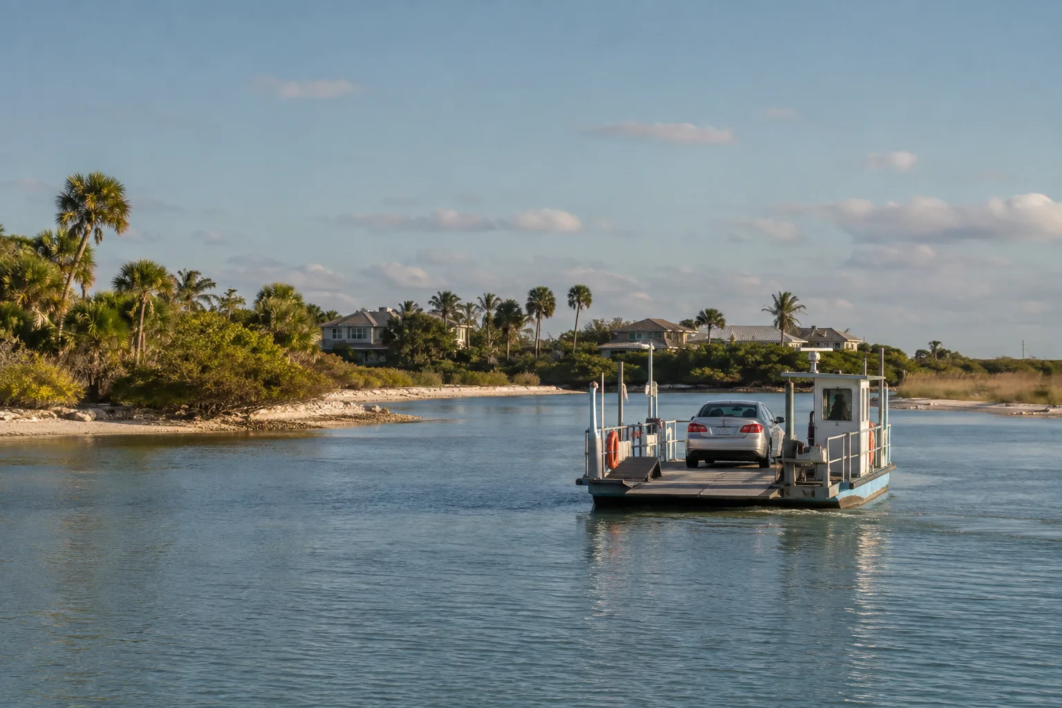 A small vehicle ferry carrying a car toward a Southwest Florida barrier island